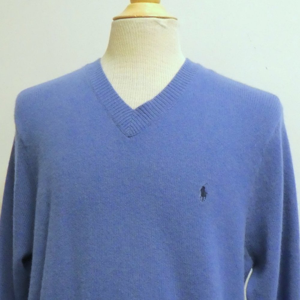 POLO RALPH LAUREN 100% CASHMERE blue V NECK pony embroidered classic SWEATER XL